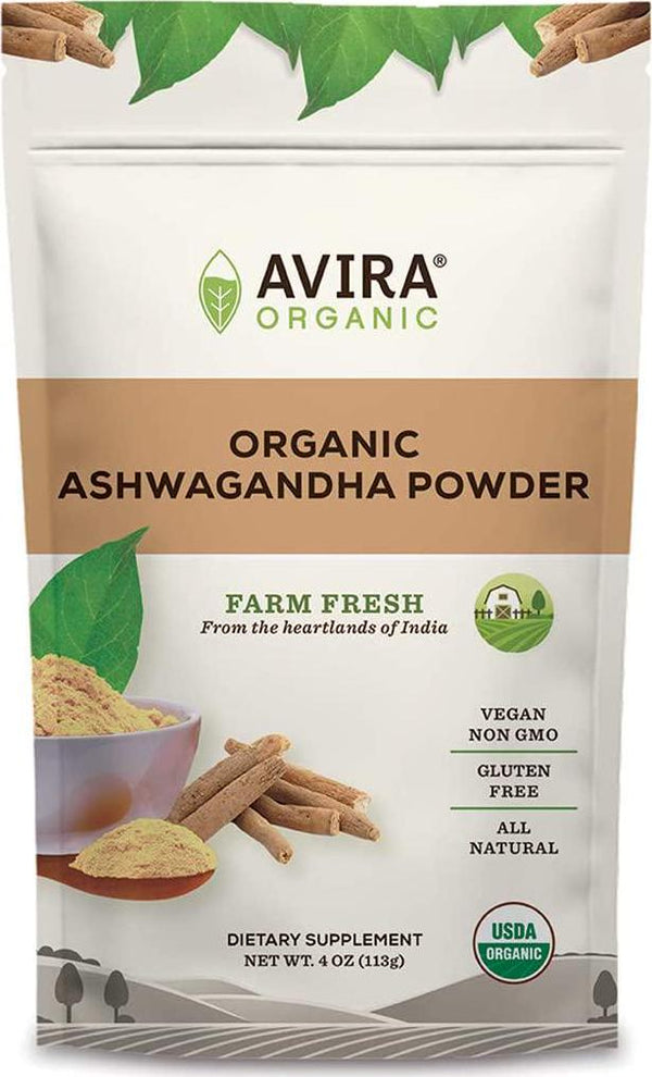 Avira Organic Ashwagandha Powder-4Oz, Indian Ginseng, Allergen Free, Vegan, Non-GMO, Super Food, Easy to mix in Smoothies, Baking, Tea And Lattes, Reseabales 4oz Bag