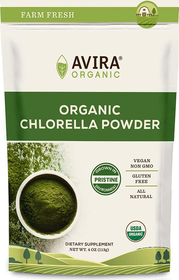 Avira Organic Chlorella Powder, Super Greens Powder Superfood, Broken Cell Wall, Grown in Pristine Environment, Vegan, Non-GMO, Easy to Mix in Smoothies, Green Juice and Food, Resealable 4 Oz Bag