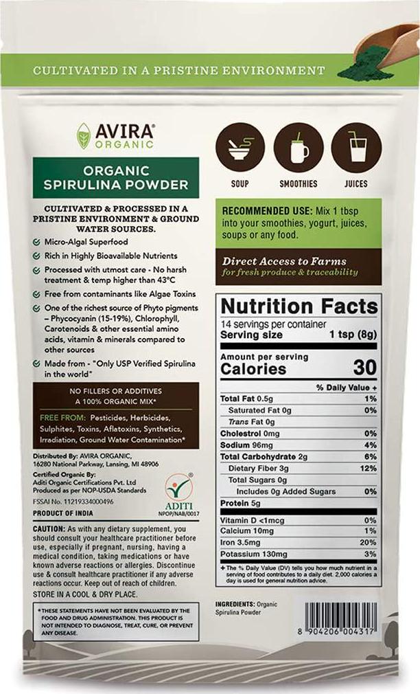 Avira Organic Spirulina Powder, Micro - Algal Super Food, Grown In Pristine Environment, Nutrient Rich, Allergen Free, Vegan, Non - GMO, Resealable 8 oz Bag