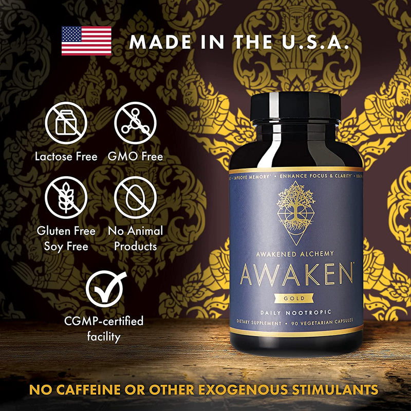 Awaken Gold Premium Nootropic Supplement | Advanced Brain Nutrition | Improve Memory and Learning | Enhance Focus and Clarity | Intensify Drive | 11 Premium Ingredients | 45 Servings