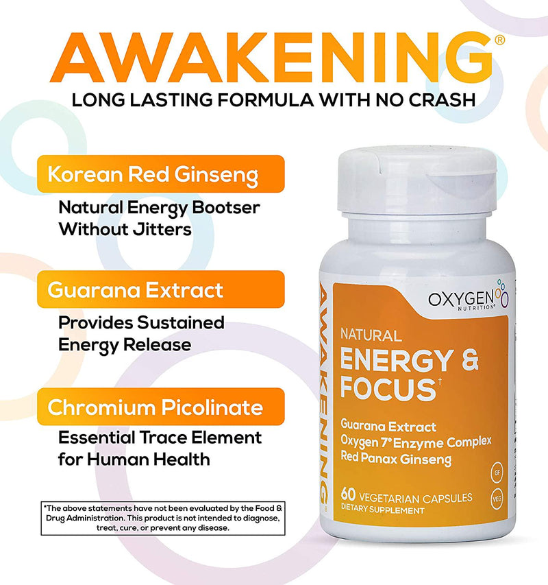 Awakening Natural Energy and Focus Nootropic Supplement with Panax Ginseng, Guarana Extract and Chromium Picolinate | Brain Supplement for Focus, Energy, Mood and Clarity | Gluten Free, Vegetarian - 60 Caps