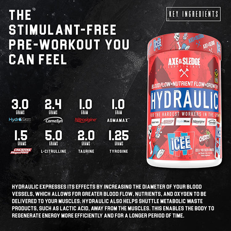 Axe and Sledge Supplements Hydraulic Stimulant-Free Pre-Workout with Nitrosigine, AgmaMax, Hydromax and Creatine MagnaPower, Increases Performance, Focus, and Pumps, 20/40 Servings, ICEE Blue