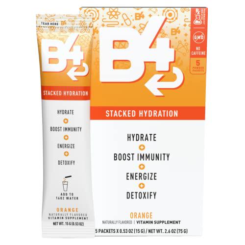 B4 Stacked Hydration (Orange) Hydration Powder Packets | Electrolyte Drink Mix | Immunity Boost | Caffeine-Free Energy | Travel-Friendly, Single Servings | 5 Sticks
