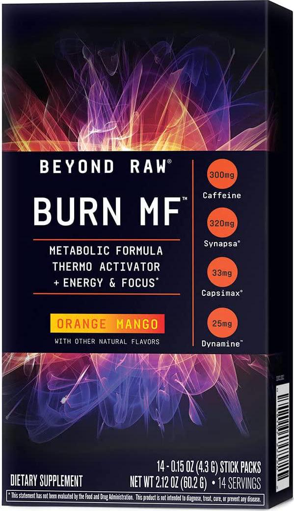 BEYOND RAW Burn MF Metabolic Activator Stick Packs | Metabolic Formula, Thermo Activator, Supports Energy and Focus | Orange Mango | 14 Stick Packs