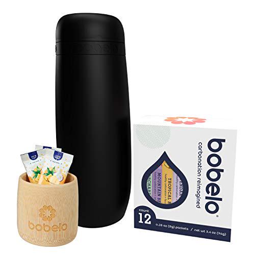 BOBELO Hydration Welcome KIT- Reusable Water Bottle, 12 Self Carbonating Hydration Drink Mixes in 4 Refreshing Flavors, Real Fruit and Botanical Extracts, Sugar Free, Keto and Paleo Friendly