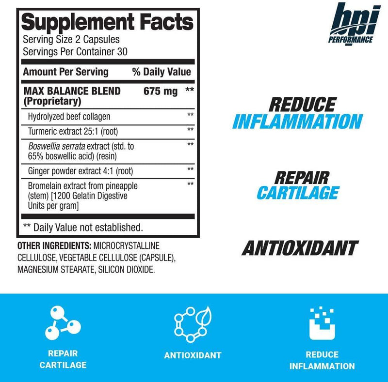 BPI Performance Max Balance Inflammatory Response – Joint Relief and Support, Anti-inflammatory – Hydrolyzed Beef Collagen, Turmeric, Ginger Root – Gluten Free – Non-GMO – For Men and Women – 30 Servings