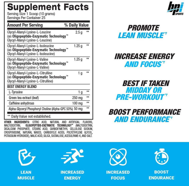 BPI Sports Best BCAA with Energy - Healthy BCAA Powder - Improved Performance - Lean Muscle Building - Accelerated Recovery - Proprietary Energy Blend - Sour Candy - 25 Servings - 8.8 oz.