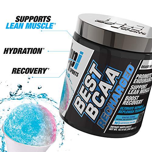 BPI Sports Best Bcaa Recharged Endurance, Muscle, Recovery Leucine, Isoleucine, Valine Green Tea Taurine Coconut Water Electrolytes for Men and Women Snow Cone 25 Servings 10.14 Oz