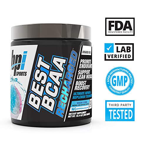 BPI Sports Best Bcaa Recharged Endurance, Muscle, Recovery Leucine, Isoleucine, Valine Green Tea Taurine Coconut Water Electrolytes for Men and Women Snow Cone 25 Servings 10.14 Oz