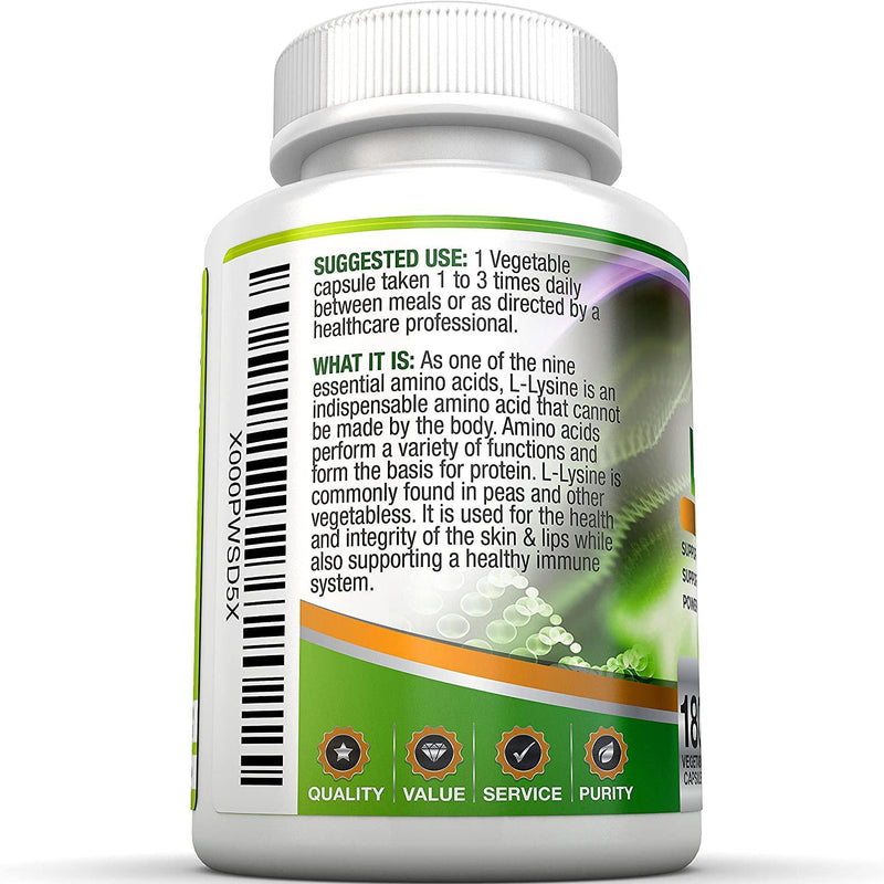 BRI Nutrition L-Lysine 180 Servings Per Bottle - Super 500mg Veggie Capsules