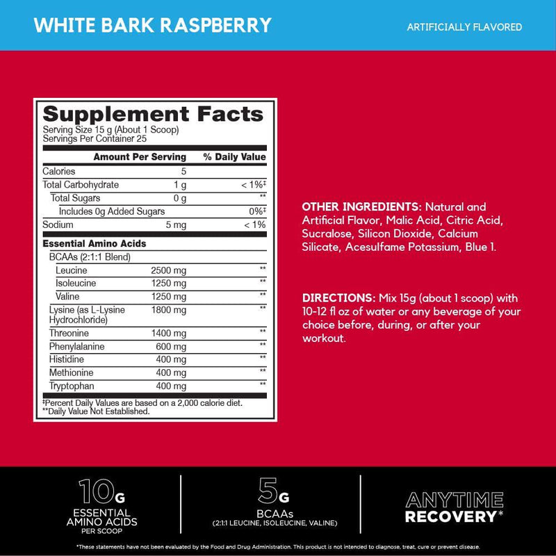 BSN Amino X EAAs, Muscle Recovery and Endurance, 10g Essential Amino Acids, 5g BCAAs, Zero Sugar, Caffeine Free, White Bark Raspberry, 13.2oz, 25 Servings