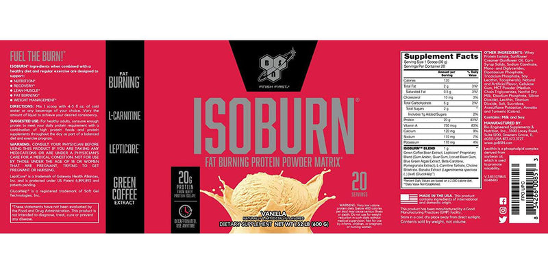 BSN ISOBURN, Lean Whey Protein Powder, Fat Burner for Weight Loss with L-carnitine - Vanilla Ice Cream, (20 Servings), 1.32 Pound (Pack of 1)