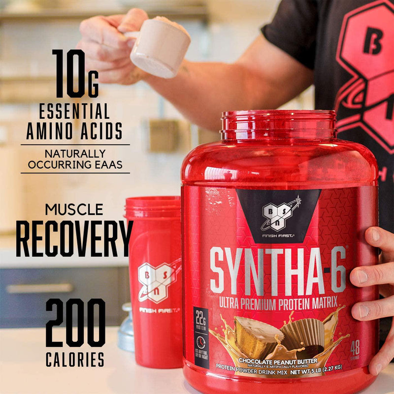 BSN SYNTHA-6 Whey Protein Powder, Chocolate Milkshake (48 Servings) with BSN Protein Crisp Bar, Low Sugar Whey Protein Bar, 20g of Protein, Peanut Butter Crunch (12 Count)