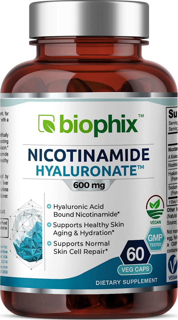B-3 Nicotinamide Hyaluronate 600 mg 60 Vcaps - Hyaluronic Acid Natural Flush-Free Nicotinic Amide Niacin - Supports Skin Cell Health