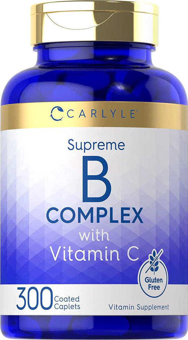 B Complex with Vitamin C | 300 Caplets | Vegetarian Supplement, Non-GMO and Gluten Free | by Carlyle