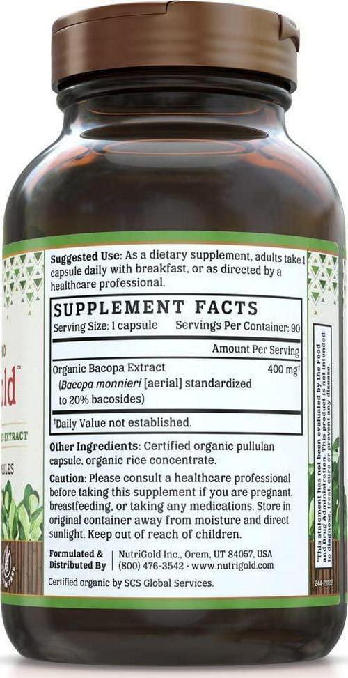 Bacopa Gold - 90 Plantcaps, Memory Enhancement Supplement with Organic Bacopa Monnieri Extract Powder