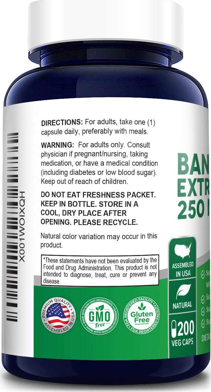 Banaba Leaf Extract 250mg 200 Vegetarian Caps (Non-GMO and Gluten Free) 2% Corosolic Acid - Supports Healthy Blood Sugar Levels, Digestion, and Metabolism