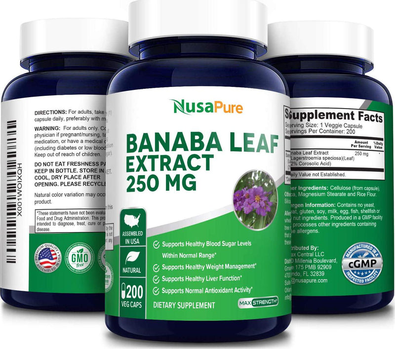 Banaba Leaf Extract 250mg 200 Vegetarian Caps (Non-GMO and Gluten Free) 2% Corosolic Acid - Supports Healthy Blood Sugar Levels, Digestion, and Metabolism