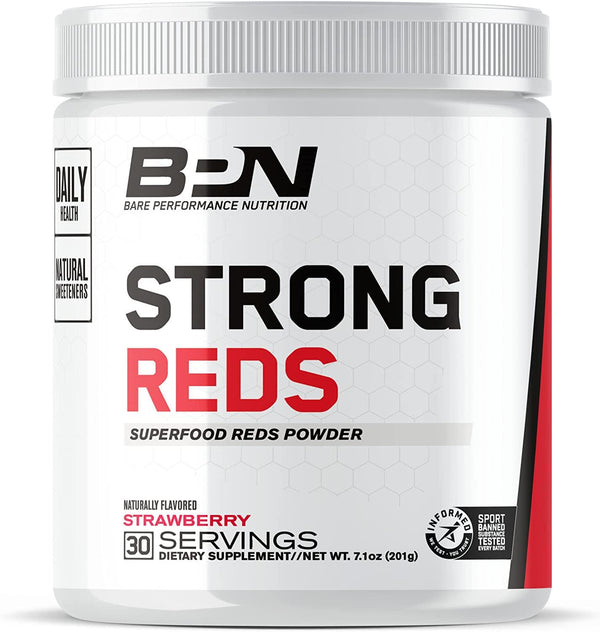 Bare Performance Nutrition, Strong Reds Superfood Powder, No Artificial Sweeteners, Antioxidant, Naturally Boost Energy, Fruit Powder, Digestive Enzyme (30 Servings, Strawberry)