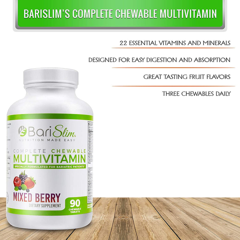 BariSlim Complete Chewable Bariatric Multivitamin - 45 mg of Iron - Chewable Bariatric Vitamin and Supplement for Post Bariatric Surgery Including Gastric Bypass and Gastric Sleeve - Mixed Berry
