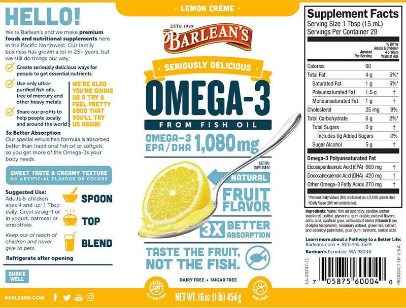 Barlean's Omega Swirl Fish Oil Lemon Zest, 16-Ounce Bottle-Packing May Vary
