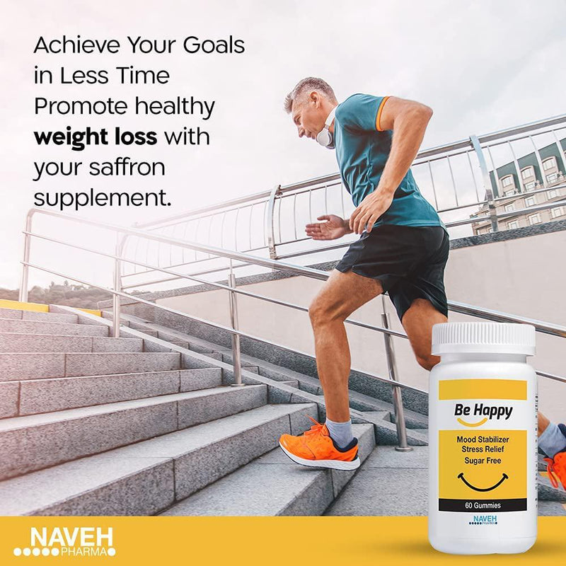 Be Happy Saffron Supplements for Adults Stress-Relief, Focus Gummies with Saffron Extract, Vitamin D, and Vitamin B12 Great-Tasting, Sugar-Free Mood Support Supplement by Naveh Pharma, 60 Ct.