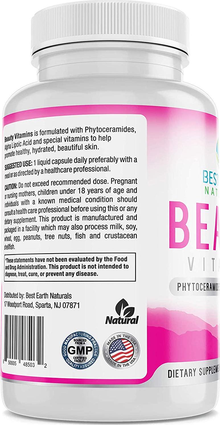 Beauty Vitamins Phytoceramide Pills - Moisturizing and Wrinkle Filling Supplement with Alpha Lipoic Acid and More for Hydrated, Younger Looking Skin - 60 Count