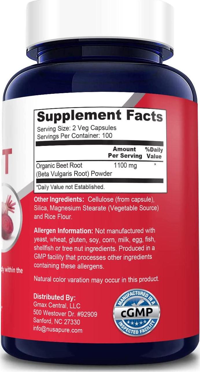 Beet Root 1100mg 200 Veggie caps (Organic, Non-GMO and Gluten Free) - Lower Blood Pressure, Increase Performance, Regulate Insulin Response and Maintain Skin Condition