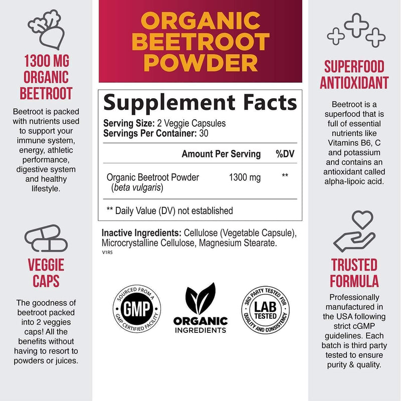 Beet Root Capsules - 1300mg Per Serving - Natural Beetroot Powder Extract - USA Bottled - Vegan Herbal Nitrate Supplement - Nitric Oxide Supports Natural Endurance and Energy - NonGMO - 60 Capsules