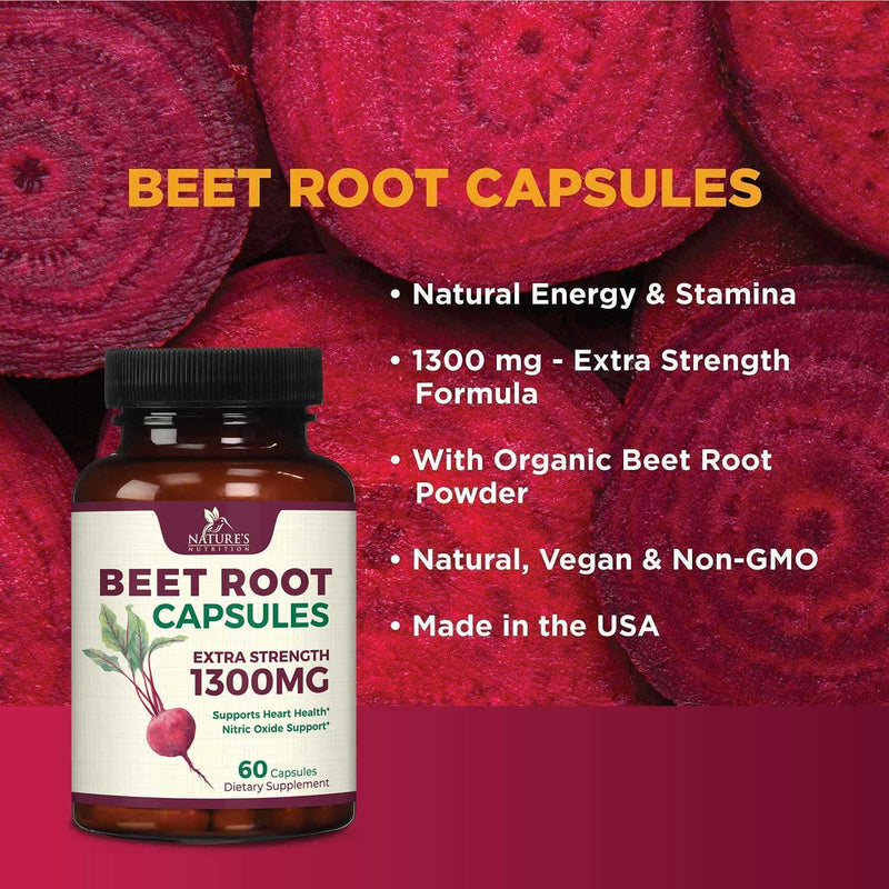 Beet Root Capsules - 1300mg Per Serving - Natural Beetroot Powder Extract - USA Bottled - Vegan Herbal Nitrate Supplement - Nitric Oxide Supports Natural Endurance and Energy - NonGMO - 60 Capsules