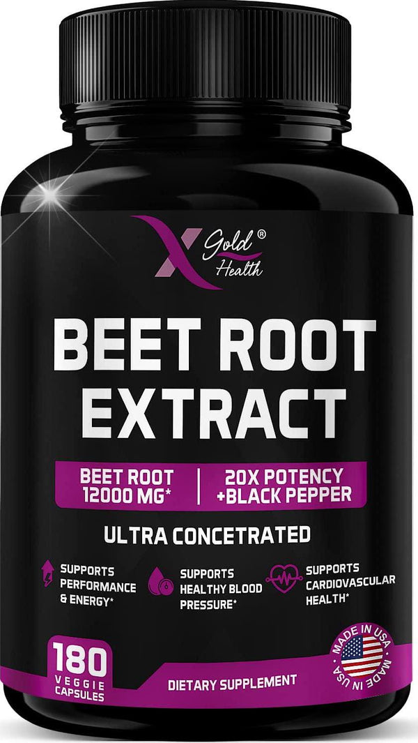 Beet Root Extract Capsules - 12000mg 20x Concentrated Beet Root Capsules Supplement w/ Black Pepper - High Nitrates - Natural Nitric Oxide Booster - Highly Concentrated and Bioavailable -180 Veggie Caps