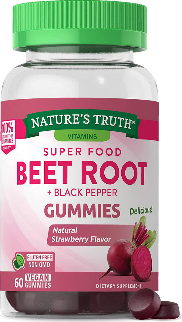 Beet Root Gummies | 60 Count | Vegan, Non-GMO and Gluten Free | Super Food Supplement | with Black Pepper | Natural Strawberry Flavor | by Nature&#039;s Truth