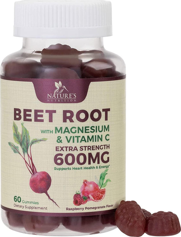 Beet Root Gummies Extra Strength 600mg with Antioxidants Magnesium and Vitamin C - for Natural Nitric Oxide Production, Immune Support, Natural Energy, Heart Health - Best Vegan, Non-GMO - 60 Gummies