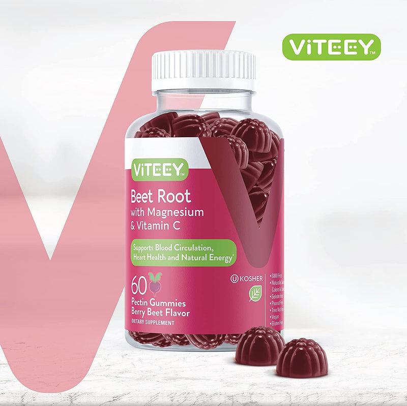 Beet Root Gummies with Magnesium and Vitamin C - Supports Healthy Circulation and Blood Pressure - Energy and Nitric Oxide Booster, Dietary Supplement and Immune Health - Berry Beet Flavor [60 Count 1 Pack]