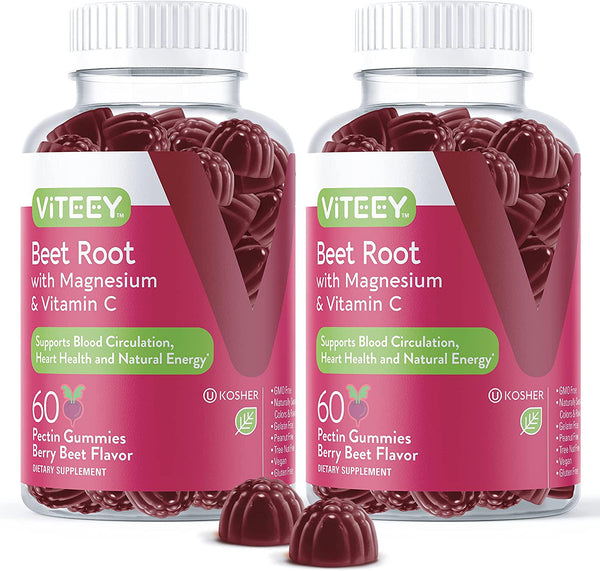 Beet Root Gummies with Magnesium and Vitamin C - Supports Healthy Circulation and Blood Pressure - Energy and Nitric Oxide Booster, Dietary Supplement and Immune Health - Berry Beet Flavor [60 Count 2 Pack]