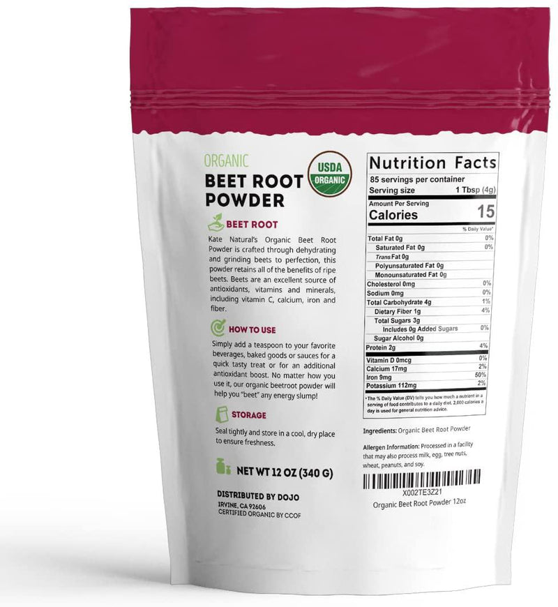 Beet Root Powder for Baking and Blood Pressure - Kate Naturals. USDA Organic Beetroot Powder and Nitric Oxide Supplement for Increase Energy and Stamina Pre Workout. Gluten Free Organic Beet Powder