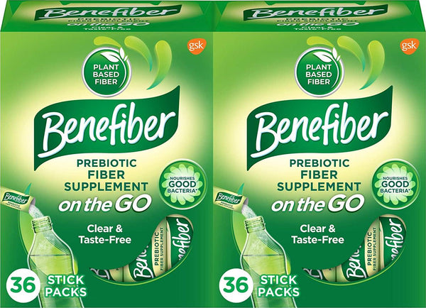 Benefiber On The Go Prebiotic Fiber Supplement Powder for Digestive Health, Daily Fiber Powder, Unflavored Powder Stick Packs - 36 Sticks (Pack of 2)