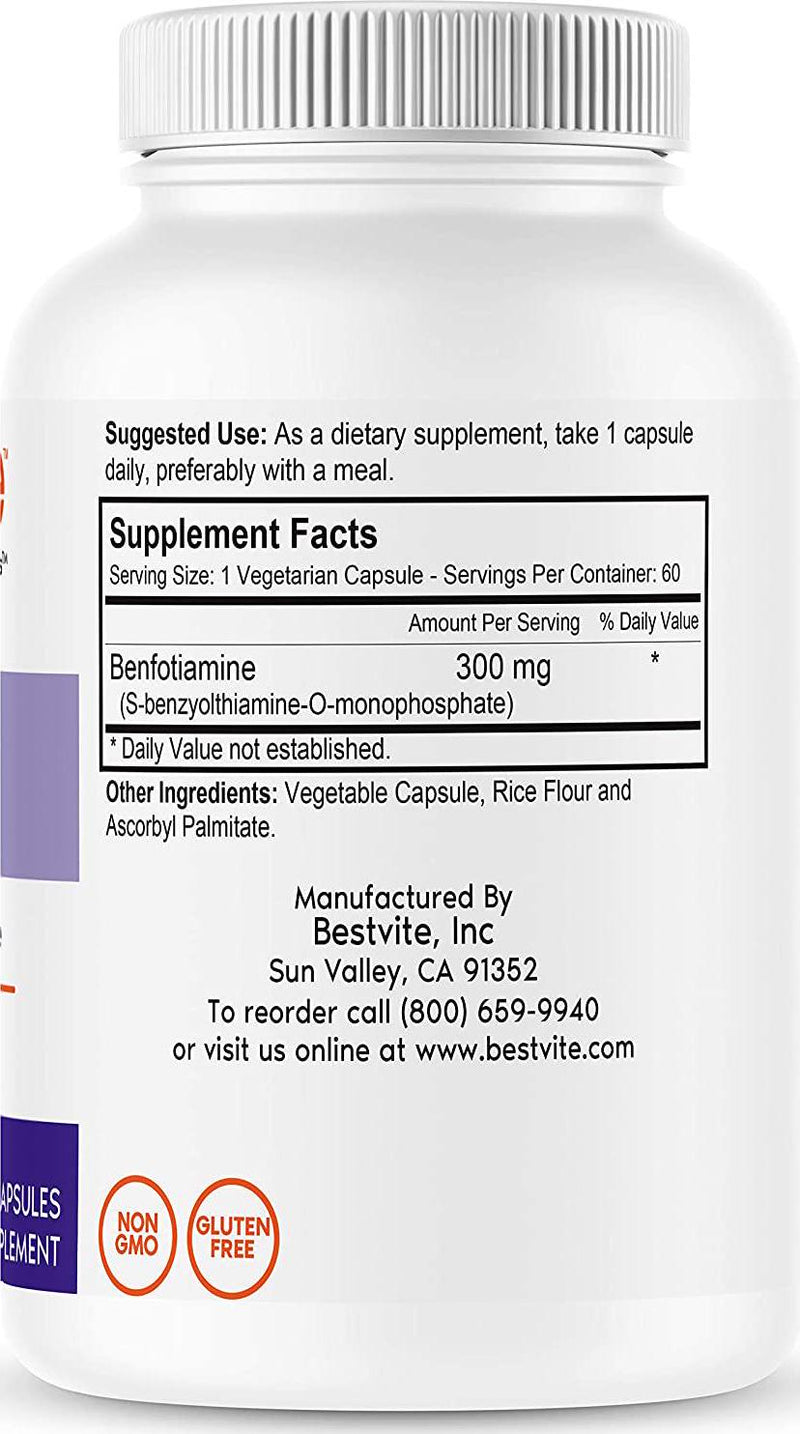 Benfotiamine 300mg (180 Vegetarian Capsules) (3-Pack) No Stearates - No Silicon Dioxide - Vegan - Non GMO - Gluten Free