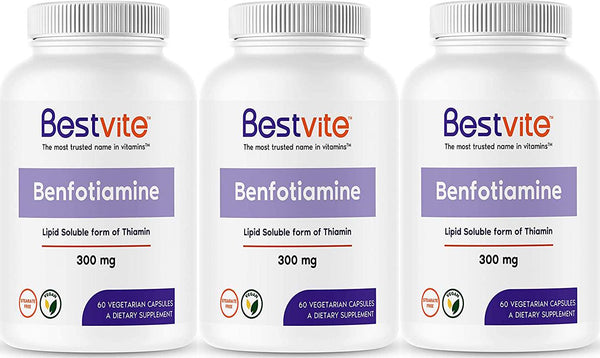 Benfotiamine 300mg (180 Vegetarian Capsules) (3-Pack) No Stearates - No Silicon Dioxide - Vegan - Non GMO - Gluten Free