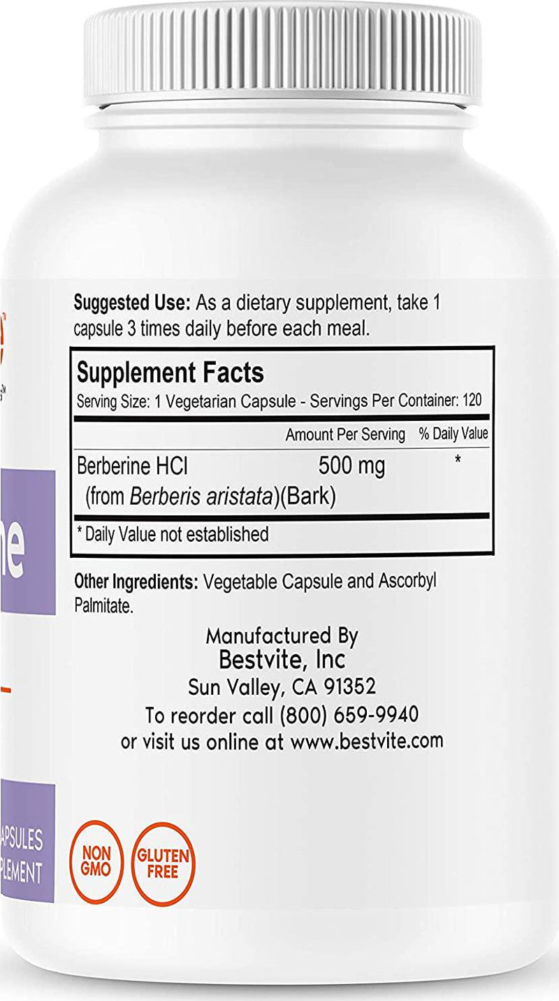 Berberine 500mg (120 Vegetarian Capsules) - No Fillers - No Stearates - No Flow Agents - Vegan - Gluten Free - Non GMO