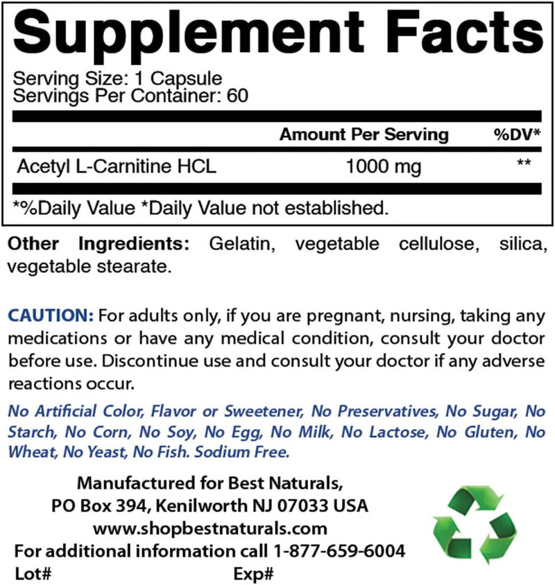 Best Naturals Acetyl L-Carnitine 1000 mg 60 Capsules (60 Count (Pack of 2))