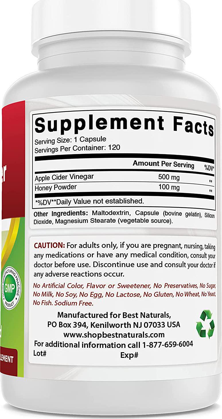 Best Naturals Apple Cider Vinegar Plus 500 Mg Capsules, 120 Count