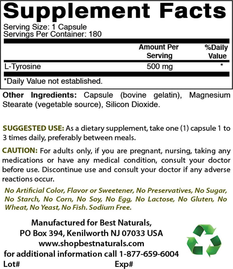 Best Naturals L-Tyrosine 500 Mg 180 Capsules - Supports Mental Alertness, Energy, Focus, Healthy Glandular Function and Balance