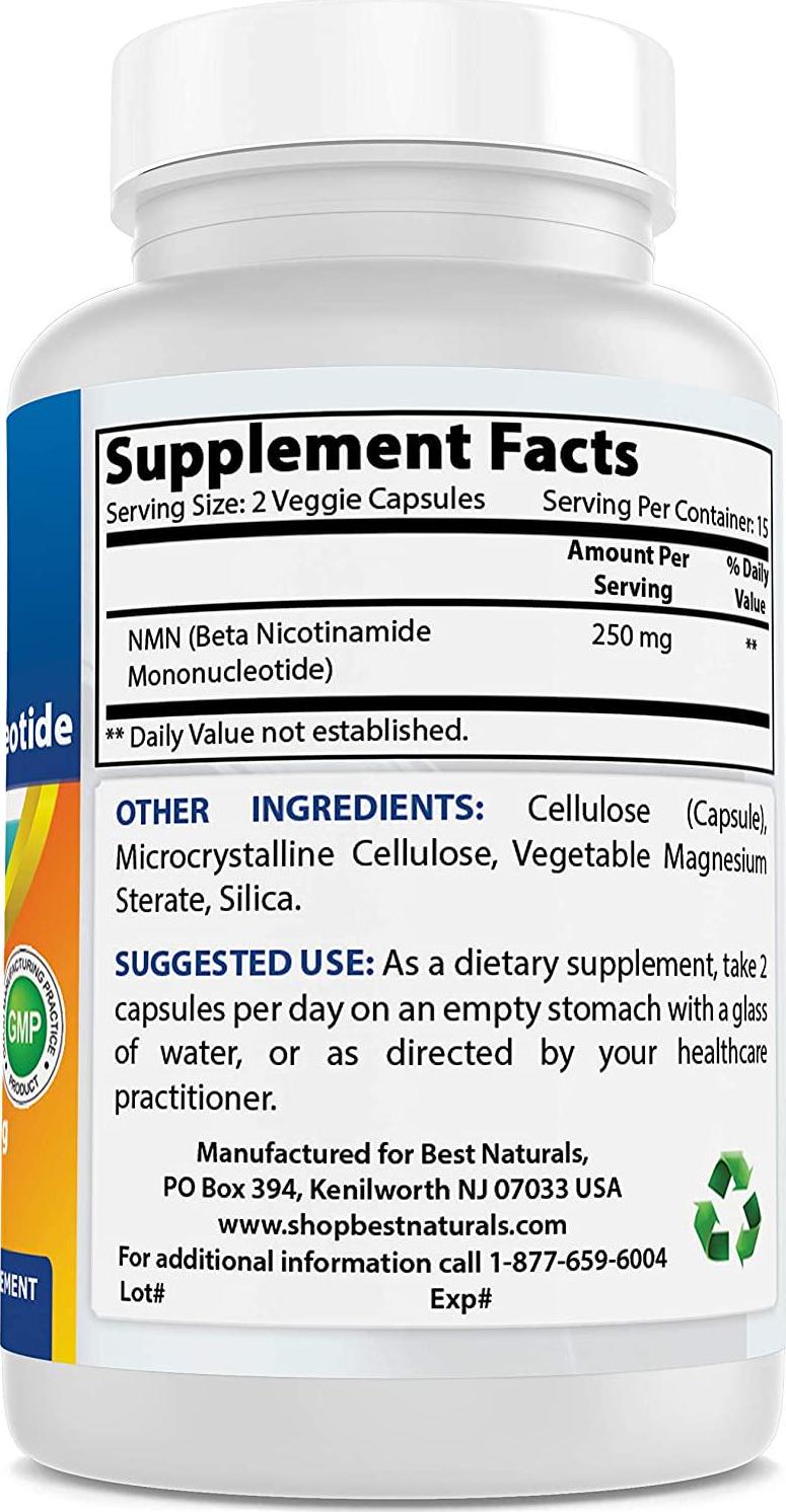 Best Naturals NMN Supplements Nicotinamide Mononucleotide 250mg per Serving, NAD Booster for Cellular Repair and Energy, 30 Veggie Capsules
