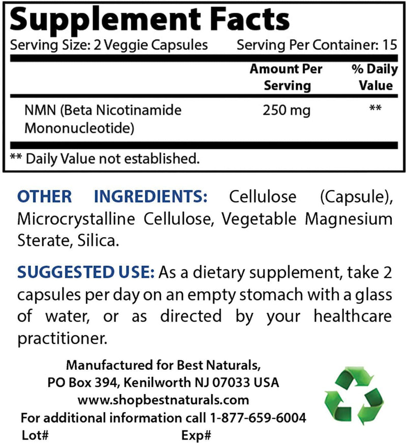 Best Naturals NMN Supplements Nicotinamide Mononucleotide 250mg per Serving, NAD Booster for Cellular Repair and Energy, 30 Veggie Capsules