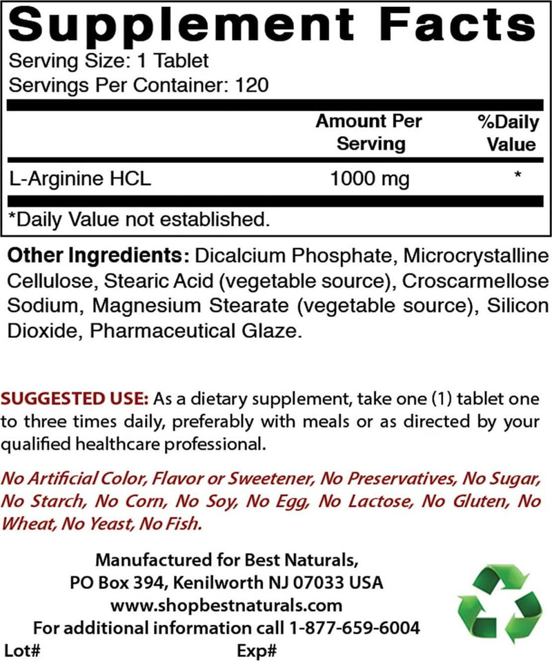 Best Naturals (New Improved Formula) L-Arginine 1000 Mg 120 Tablets - Pharmaceutical Grade L Arginine Supplement Promotes Nitric Oxide Synthesis