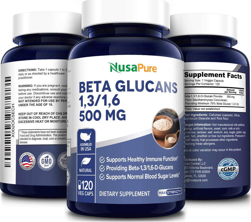 Beta Glucans 500 mg | 120 Veggie Capsules | Beta 1,3, 1,6 D Glucan | Non-GMO, Gluten -Free, Vegan