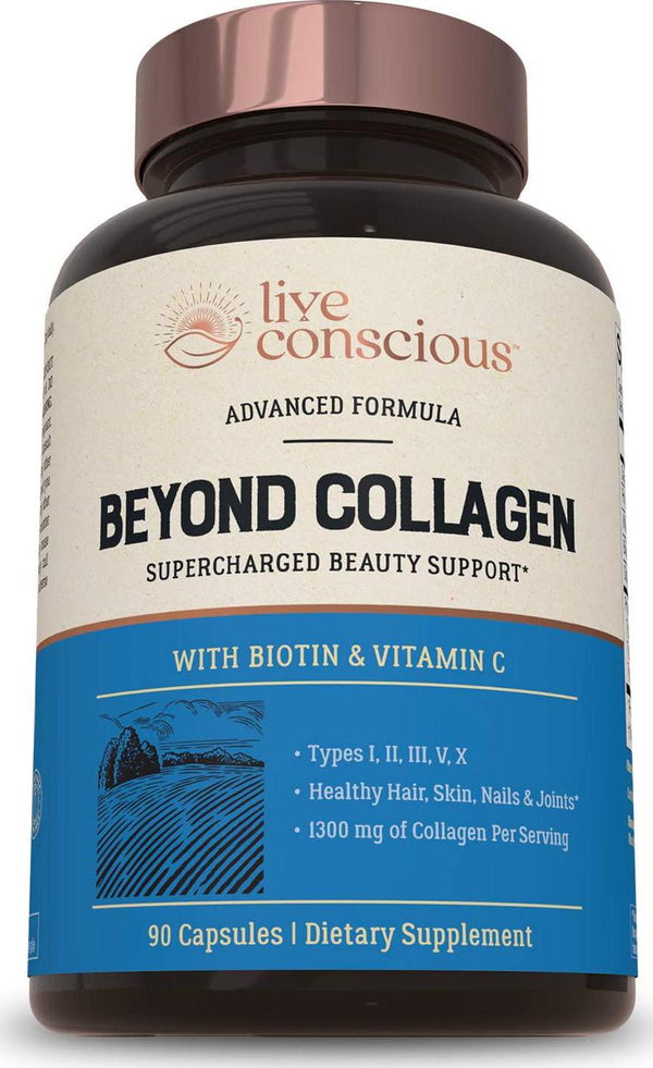 Beyond Collagen Multi Collagen Capsules - Types I, II, III, V and X | Hydrolyzed Blend with Biotin and Vitamin C for Hair, Skin, Nails | Live Conscious - 90 Capsules