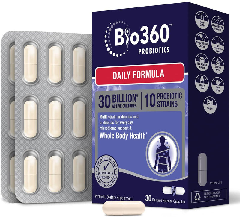 Bio360 Probiotic Daily Formula | Vegan Prebiotics and Probiotics for Women and Men | 30 Billion CFU 10 Strain | Stable Blister Pack | 30 Supplements