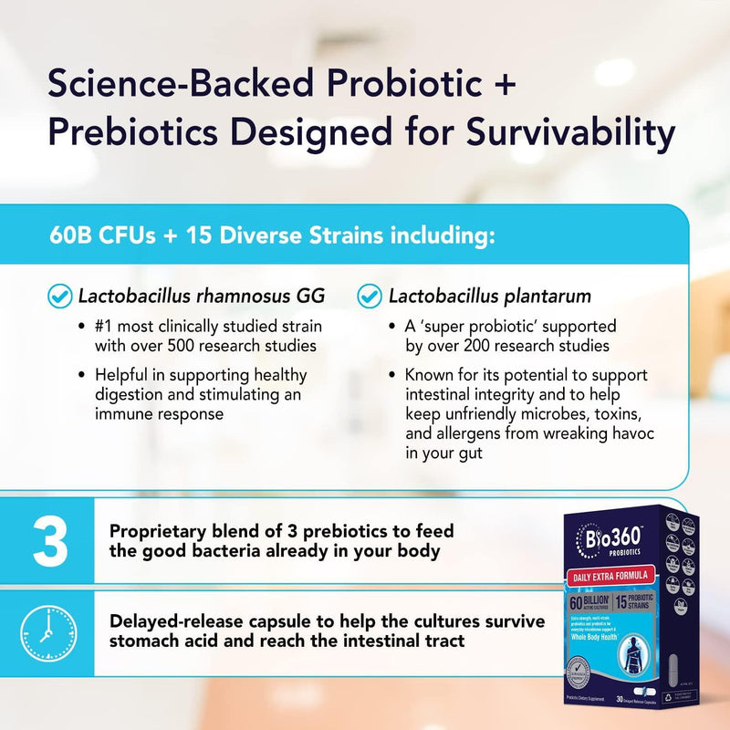 Bio360 Probiotic Daily Extra Formula | Vegan Prebiotics and Probiotics for Women and Men | 60 Billion CFU 15 Strain | Stable Blister Pack | 30 Supplements